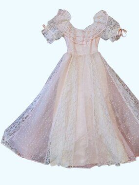 Vtg Pink Fairycore Dress White Heart Print Cottage Saloon Old Fashion Prom Gown